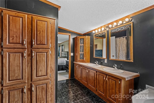 bathroom with vanity, crown molding, vaulted ceiling, toilet, and a textured ceiling