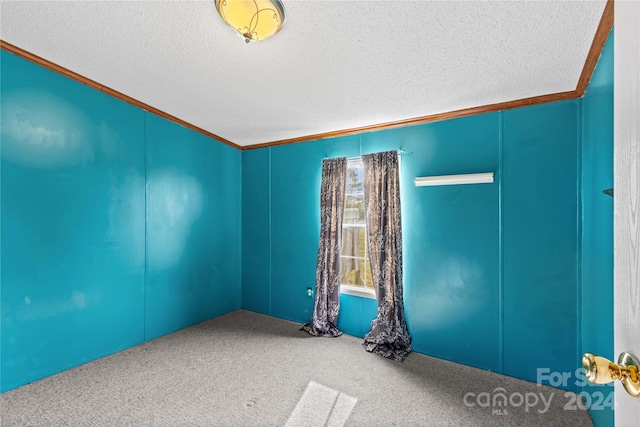 carpeted spare room featuring crown molding and a textured ceiling