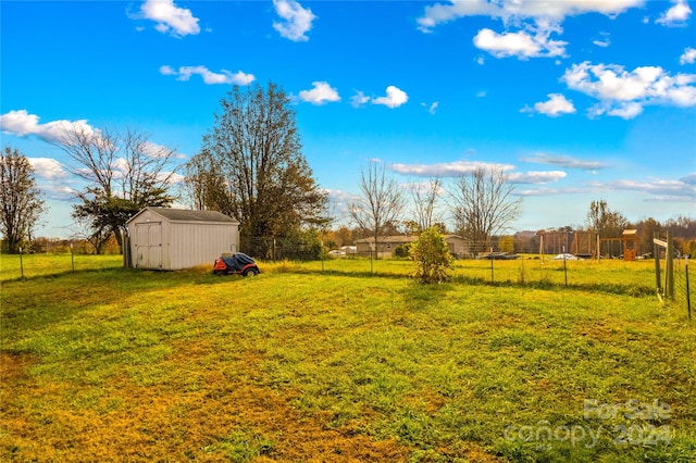 view of yard featuring a storage shed