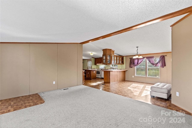 unfurnished living room with vaulted ceiling with beams, a textured ceiling, ornamental molding, and dark parquet floors