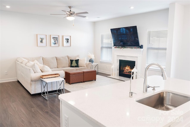 living room with ceiling fan, sink, and dark wood-type flooring