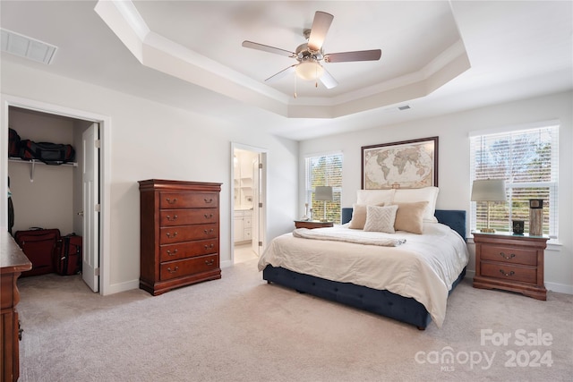 carpeted bedroom featuring ceiling fan, a closet, a raised ceiling, and ensuite bath