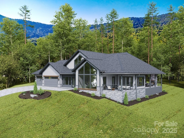 3 Bridgeway Dr Unit 38, Candler, NC 28715 - modern farmhouse style home with roof with shingles, concrete driveway, a front yard, an attached garage, and a view of trees