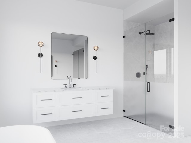 3 Bridgeway Dr Unit 38, Candler, NC 28715 - bathroom with a stall shower, vanity, and a freestanding bath