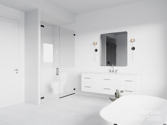 3 Bridgeway Dr Unit 38, Candler, NC 28715 - full bathroom with vanity, a soaking tub, and a shower with door