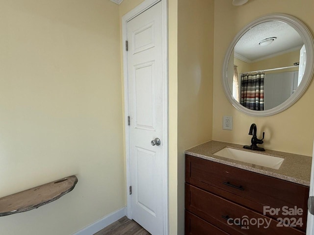 bathroom with hardwood / wood-style floors, vanity, ornamental molding, and a textured ceiling