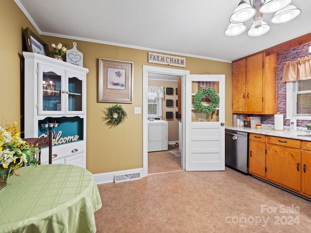 kitchen featuring dishwasher, light colored carpet, crown molding, a textured ceiling, and washer / dryer