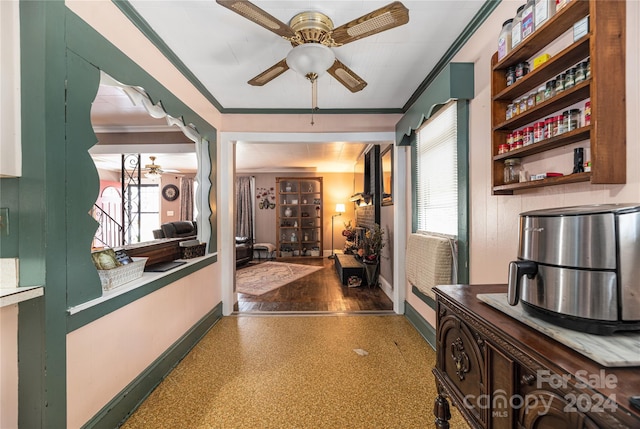 interior space featuring ceiling fan