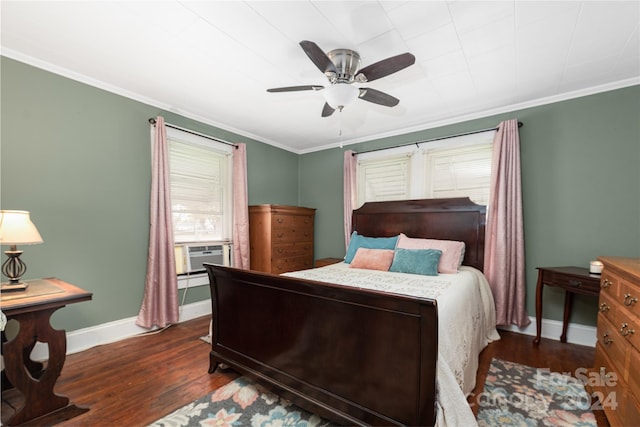 bedroom with ceiling fan, crown molding, cooling unit, and dark hardwood / wood-style floors