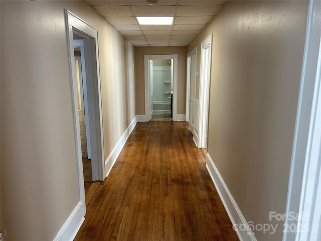 hallway featuring dark hardwood / wood-style floors and a drop ceiling