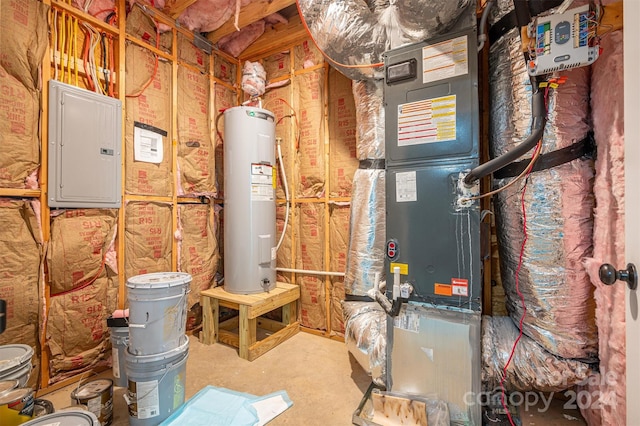 utility room with electric panel and water heater