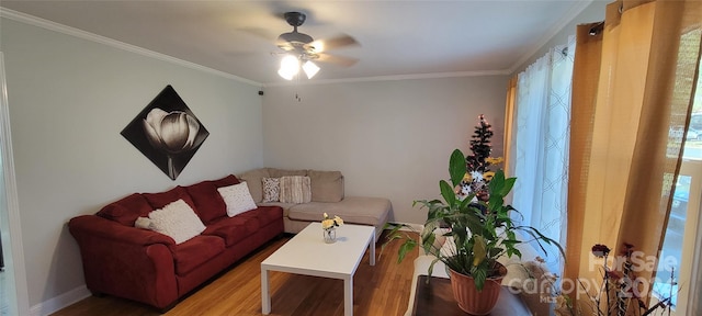 living room with hardwood / wood-style flooring, ceiling fan, and ornamental molding