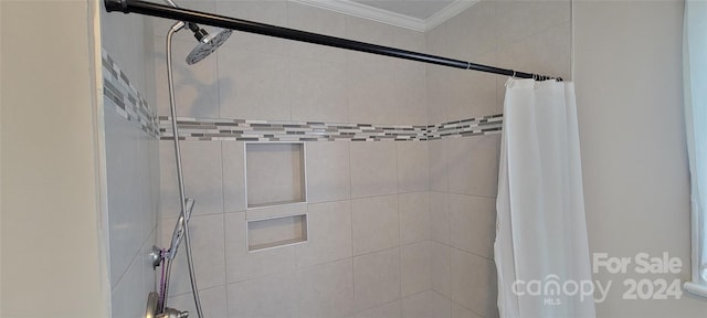 bathroom featuring a shower with curtain and ornamental molding