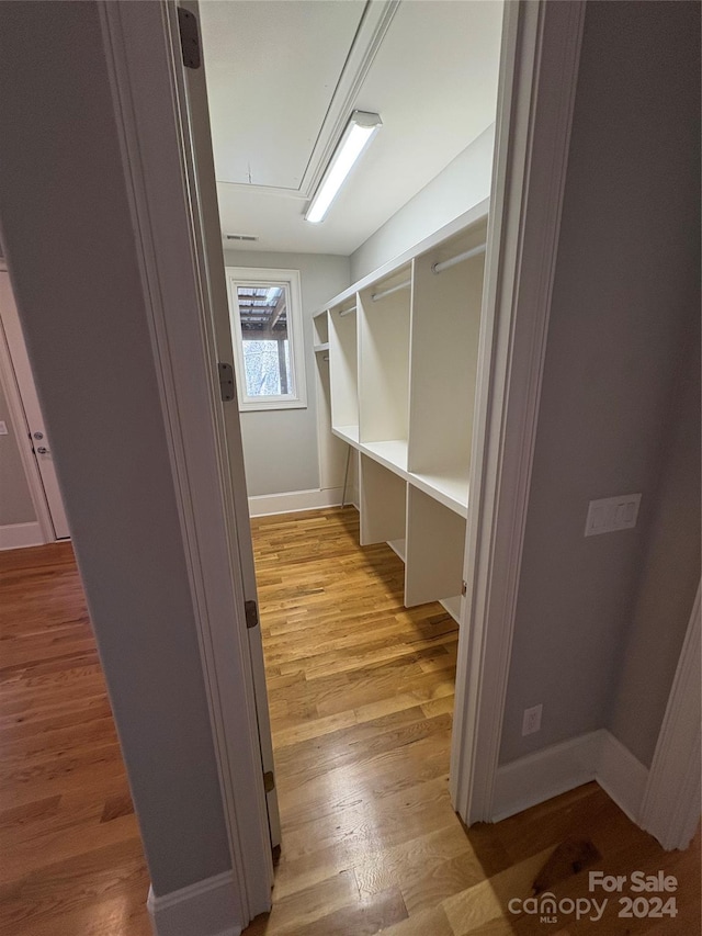 walk in closet with light wood-type flooring