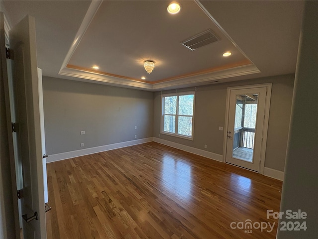 spare room featuring a raised ceiling and wood-type flooring