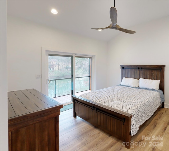 bedroom featuring ceiling fan, light hardwood / wood-style floors, and access to outside