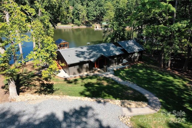 drone / aerial view featuring a water view