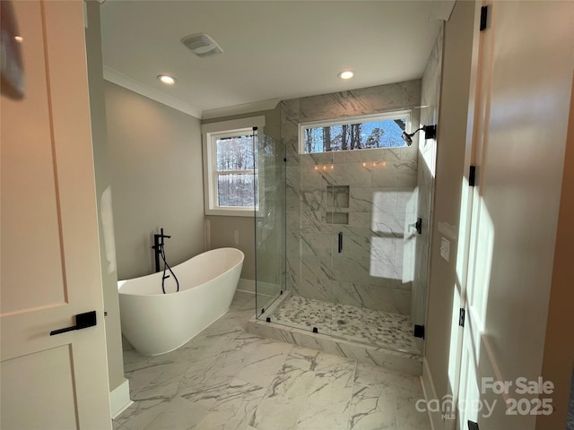 full bath featuring a marble finish shower, baseboards, a soaking tub, marble finish floor, and recessed lighting