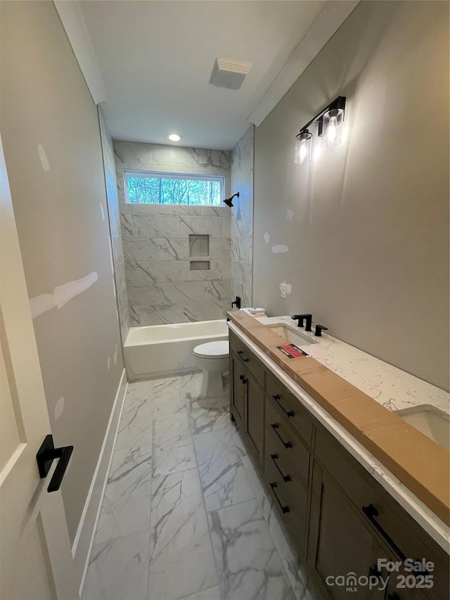 bathroom with toilet, bathing tub / shower combination, visible vents, baseboards, and marble finish floor