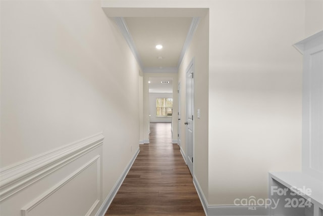 hall with crown molding and dark wood-type flooring