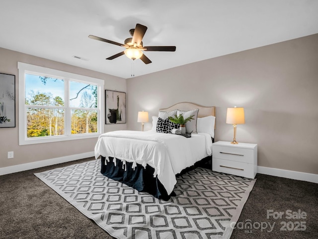 carpeted bedroom with ceiling fan