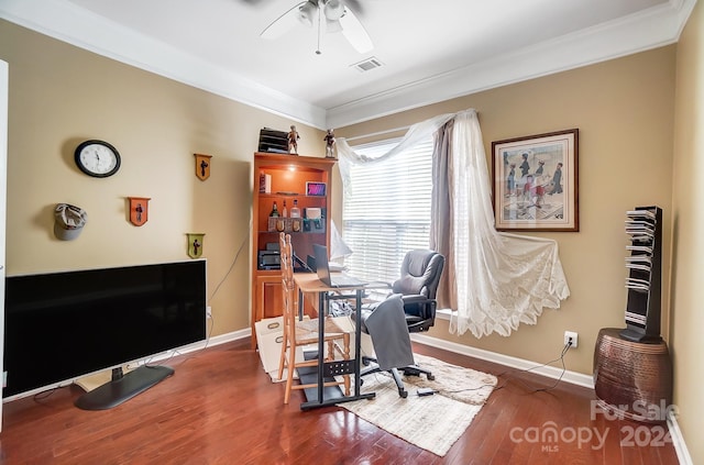 home office featuring hardwood / wood-style flooring, ceiling fan, and ornamental molding