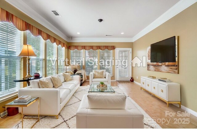 living room featuring light tile patterned floors, baseboards, visible vents, recessed lighting, and ornamental molding