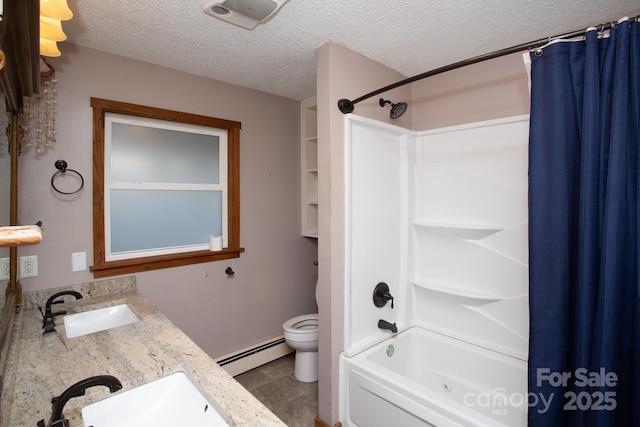 full bathroom with vanity, a textured ceiling, a baseboard radiator, shower / bathtub combination with curtain, and toilet