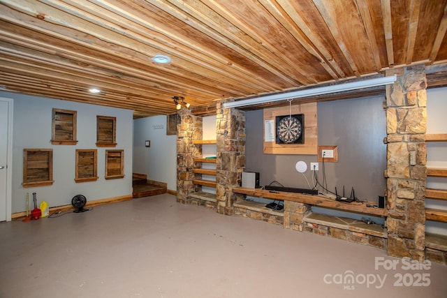 basement featuring wooden ceiling