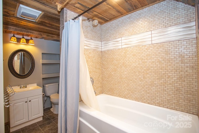 full bathroom featuring shower / tub combo, wood ceiling, vanity, tile patterned flooring, and toilet