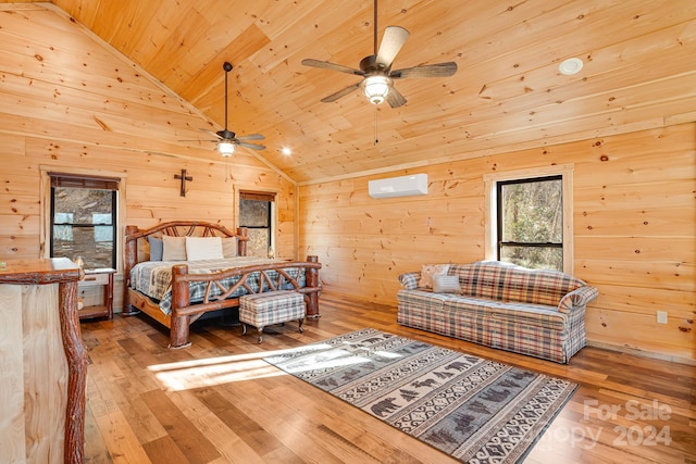 bedroom with high vaulted ceiling, an AC wall unit, wood walls, wood-type flooring, and wood ceiling