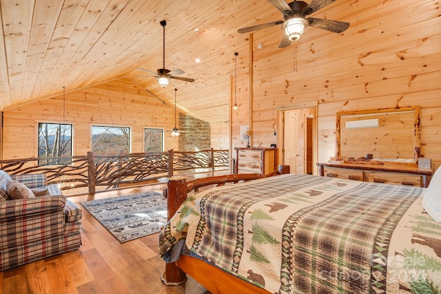 bedroom with hardwood / wood-style flooring, ceiling fan, wood walls, and wooden ceiling