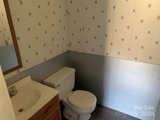 bathroom featuring hardwood / wood-style floors, vanity, and toilet