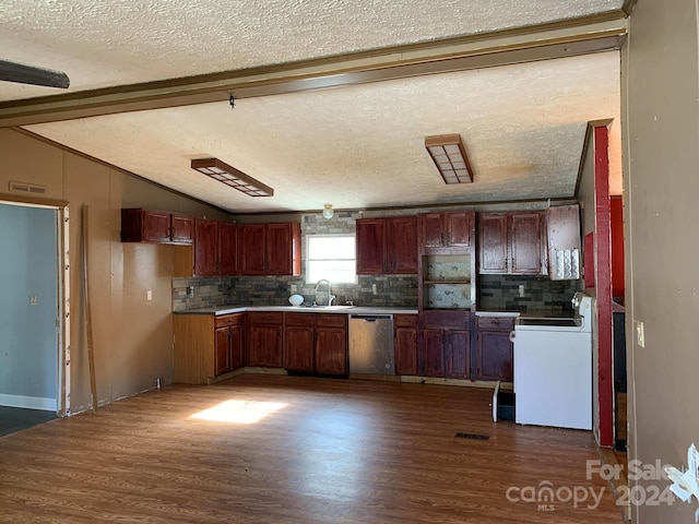 kitchen featuring lofted ceiling with beams, dark hardwood / wood-style flooring, stainless steel dishwasher, and a textured ceiling