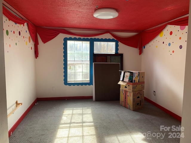 carpeted empty room featuring a textured ceiling