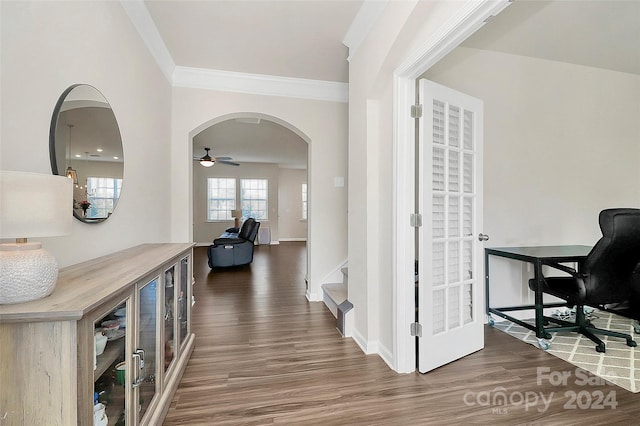 hallway featuring dark hardwood / wood-style flooring and ornamental molding