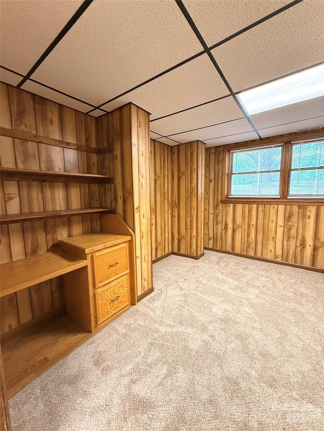 additional living space with wooden walls and light colored carpet