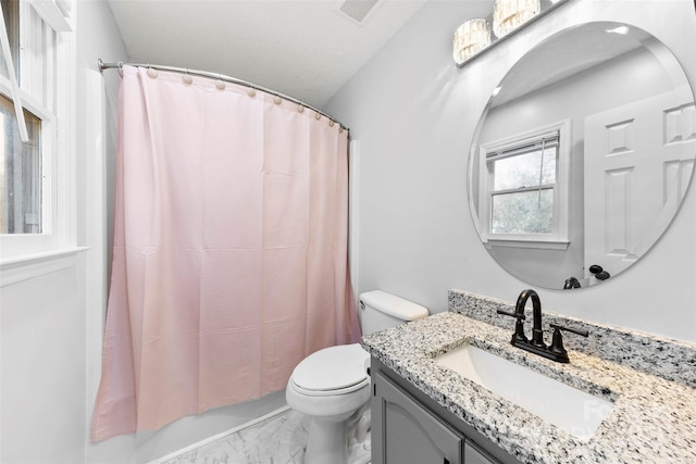 full bathroom with visible vents, a shower with shower curtain, toilet, marble finish floor, and vanity