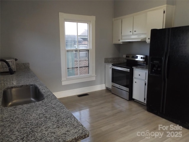 kitchen with white cabinetry, sink, stainless steel electric range oven, black refrigerator with ice dispenser, and light hardwood / wood-style flooring