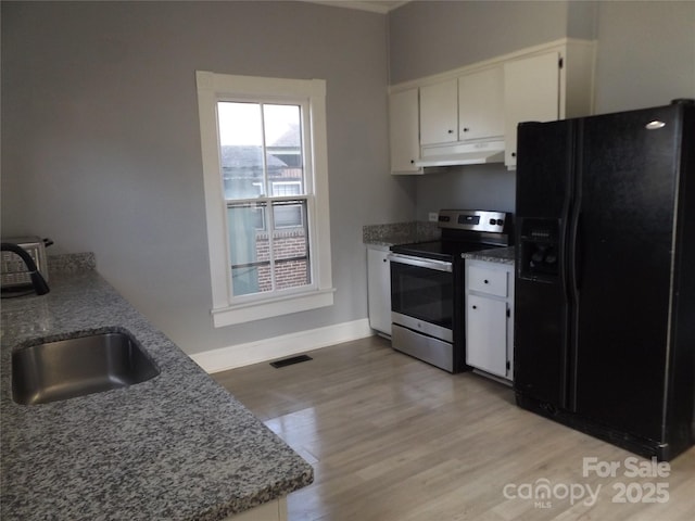 kitchen featuring white cabinetry, sink, black refrigerator with ice dispenser, light hardwood / wood-style floors, and stainless steel electric range