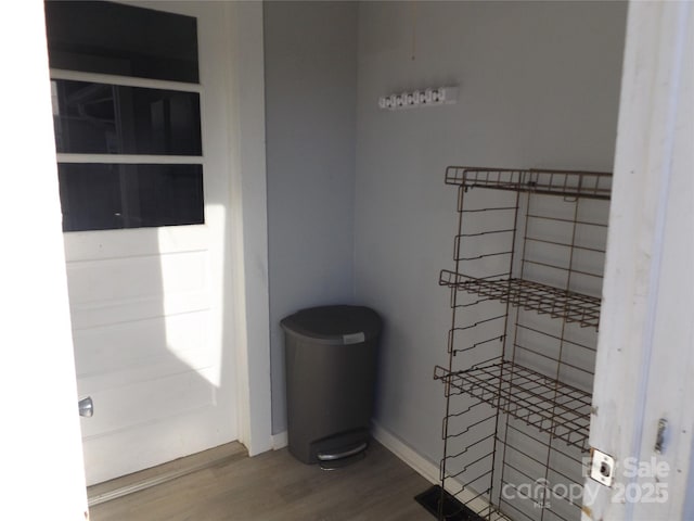 bathroom with hardwood / wood-style floors