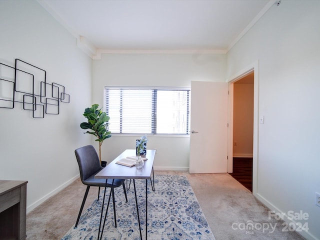 home office featuring ornamental molding and carpet floors