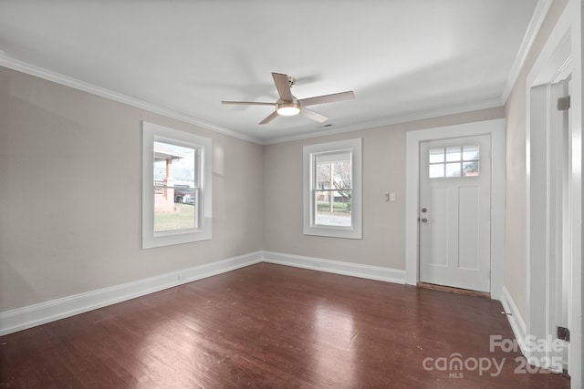 entrance foyer featuring ceiling fan, dark hardwood / wood-style flooring, and crown molding