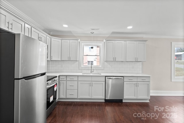 kitchen featuring tasteful backsplash, dark hardwood / wood-style floors, sink, and stainless steel appliances