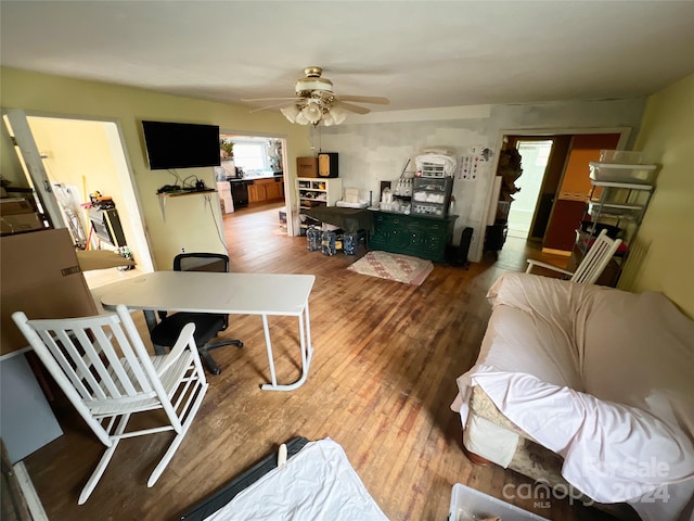 office space featuring ceiling fan and wood-type flooring