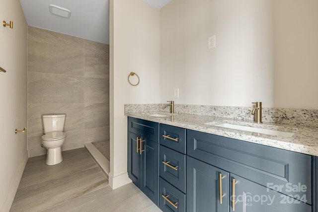 bathroom featuring vanity, toilet, and tile walls