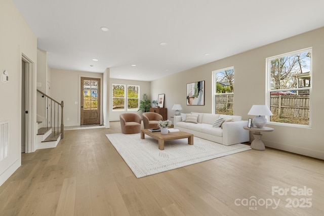65 Bellevue Rd Unit 3, Asheville, NC 28803 - living room with stairs, light wood-type flooring, plenty of natural light, recessed lighting, and baseboards
