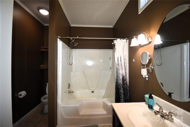 full bathroom with shower / tub combo, tile patterned floors, vanity, crown molding, and toilet