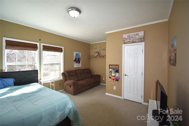 bedroom featuring carpet flooring and crown molding