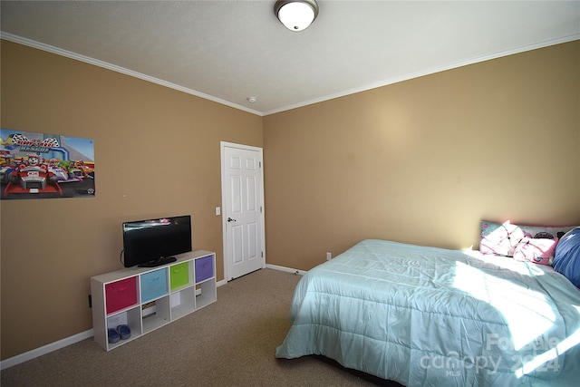 carpeted bedroom with crown molding